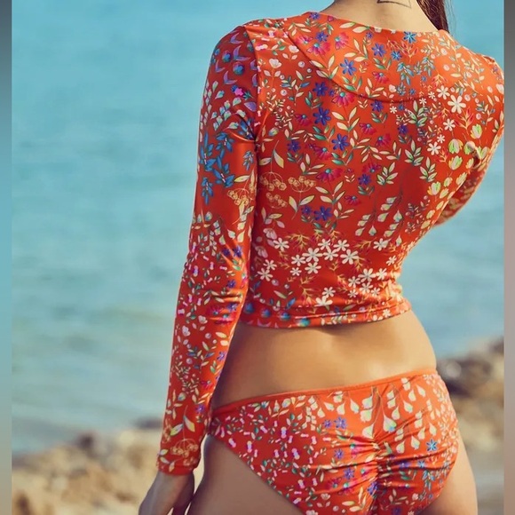 New Cynthia Rowley x Free People Ruched Reef S M L Orange Floral MidRise Bottoms - Picture 6 of 11